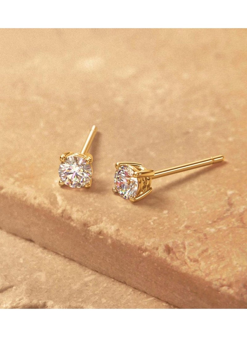 Classic Gold-Tone Solitaire Stud Earrings – Brilliant Round-Cut Crystal Essentials