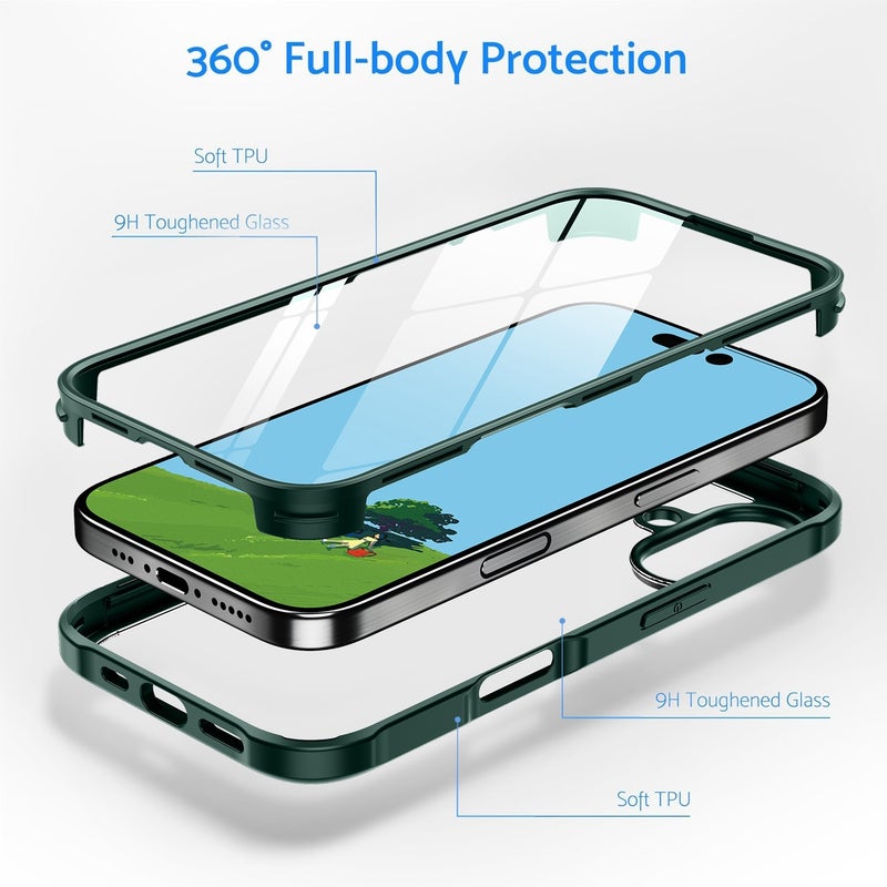 HuHa Protective Cover For iPhone 16 Double-sided Plastic Glass Phone Protective Case(Dark Green) - Image 2