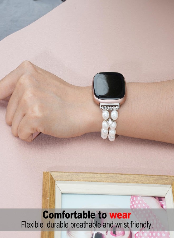 أساور Wongeto المتوافقة مع Fitbit Versa 3/4 و Sense - سوار خرز مطاطي مصنوع يدويًا للنساء (أبيض لؤلؤي) - Image 3