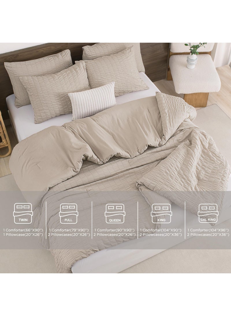 Andency Andency Beige Comforter Full Size (79x90 Inch)  3 Pieces (1 Seersucker Textured Comforter and 2 Pillowcases)  100% Soft Washed Microfiber Summer Lightweight Down Alternative Bedding Set  - Image 5