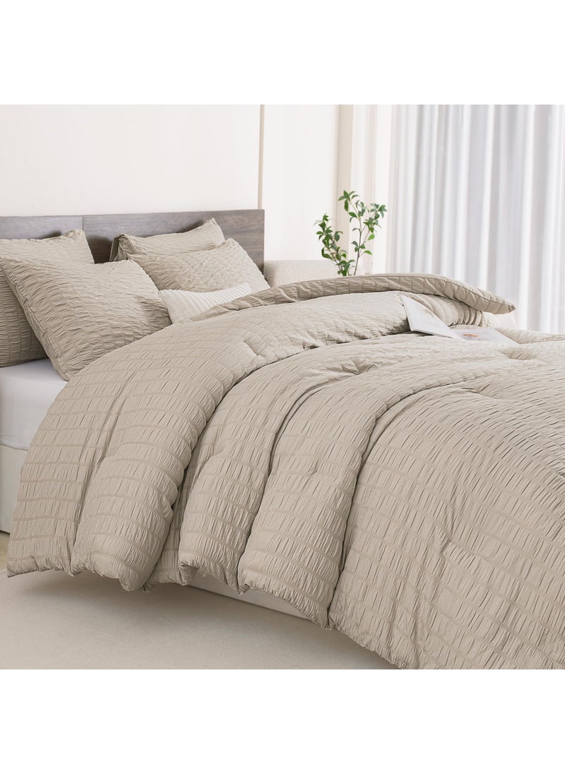 Andency Andency Beige Comforter Full Size (79x90 Inch)  3 Pieces (1 Seersucker Textured Comforter and 2 Pillowcases)  100% Soft Washed Microfiber Summer Lightweight Down Alternative Bedding Set  - Image 2
