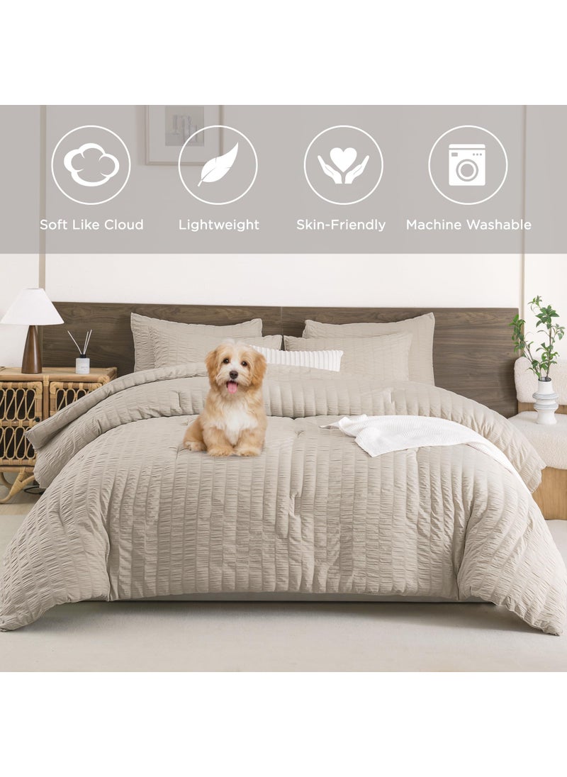Andency Andency Beige Comforter Full Size (79x90 Inch)  3 Pieces (1 Seersucker Textured Comforter and 2 Pillowcases)  100% Soft Washed Microfiber Summer Lightweight Down Alternative Bedding Set  - Image 3