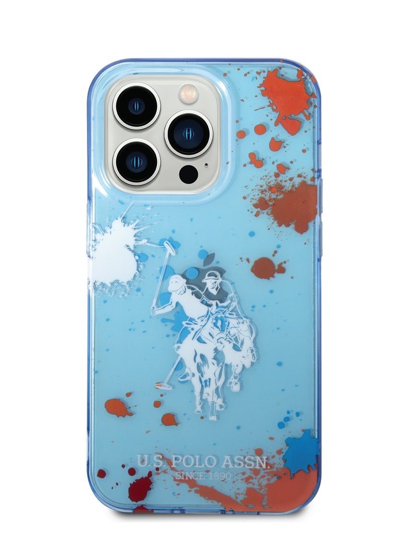يو اس بولو حافظة PC/TPU بنمط Splatter وشعار حصان لهاتف ايفون 14 برو - أزرق - Image 1