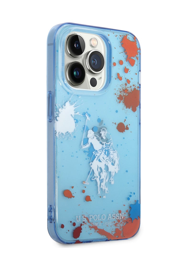 يو اس بولو حافظة PC/TPU بنمط Splatter وشعار حصان لهاتف ايفون 14 برو - أزرق - Image 2