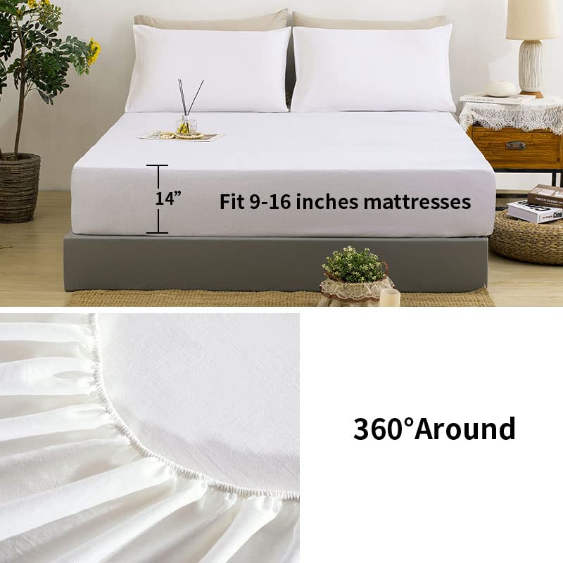 TUMEI 100% Linen Queen Bed Sheets Set - 4Pcs Linen Sheets Queen Size Bed Set with Soft Breathable and Durable Deep Pocket Fitted Sheet & Flat Sheet & 2 Pillowcases,White Queen - Image 3