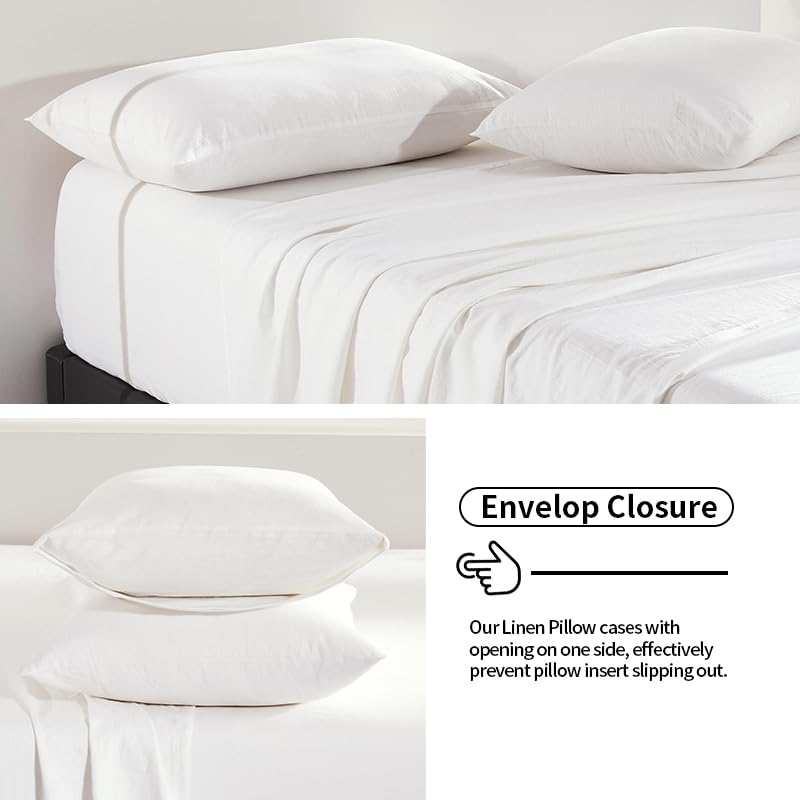 TUMEI 100% Linen Queen Bed Sheets Set - 4Pcs Linen Sheets Queen Size Bed Set with Soft Breathable and Durable Deep Pocket Fitted Sheet & Flat Sheet & 2 Pillowcases,White Queen - Image 4