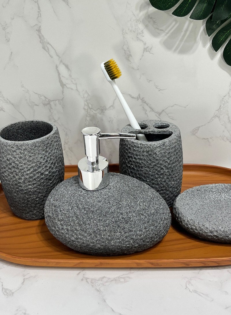 Natural Gray Stone Bathroom 5pcs Set Including Lotion Bottle, Soap Dish, Jar, Soap Tray, And a Serving Tray  - Image 4