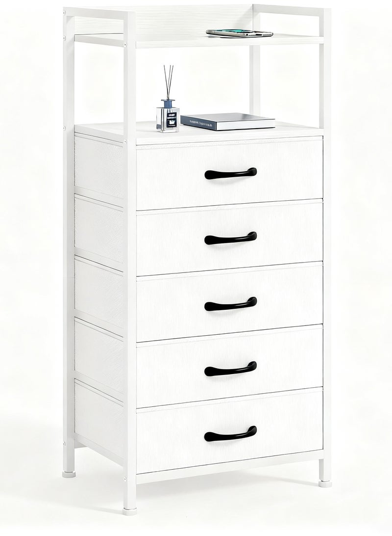 Chulovs White 5-Drawer Nightstand – Tall Bedroom Dresser, Closet Side Table & Nightstand with Fabric Storage Bins, Sturdy Metal Frame & Wooden Shelf - Image 1