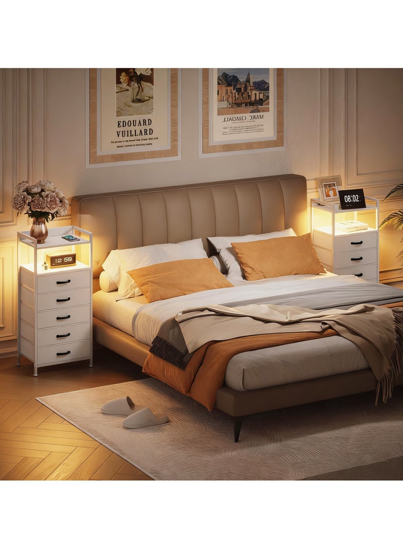 Chulovs White 5-Drawer Nightstand – Tall Bedroom Dresser, Closet Side Table & Nightstand with Fabric Storage Bins, Sturdy Metal Frame & Wooden Shelf - Image 2