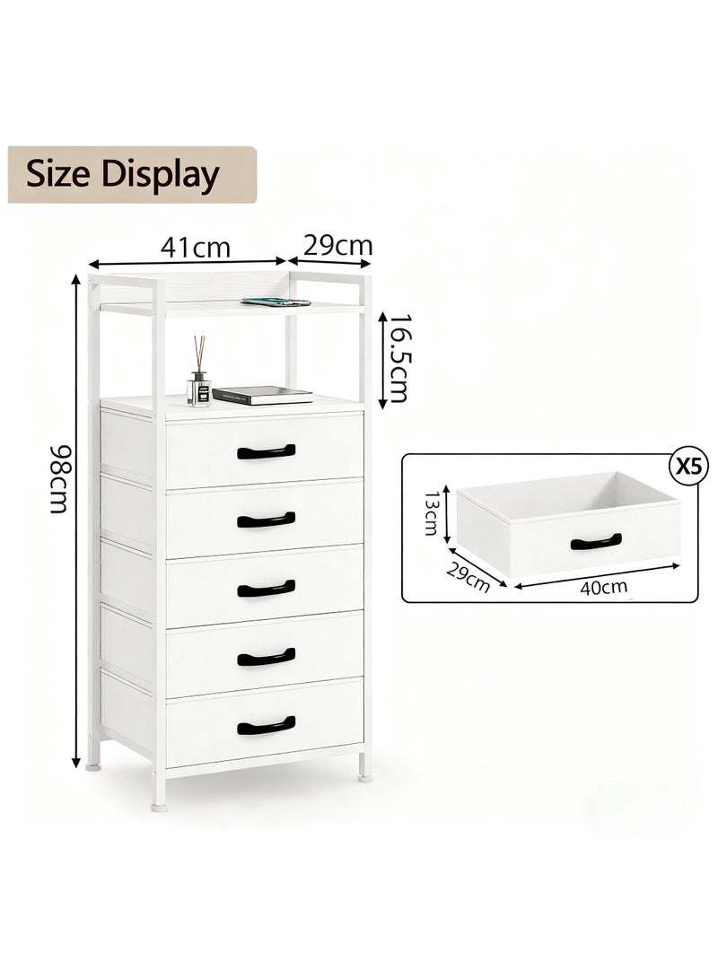 Chulovs White 5-Drawer Nightstand – Tall Bedroom Dresser, Closet Side Table & Nightstand with Fabric Storage Bins, Sturdy Metal Frame & Wooden Shelf - Image 3