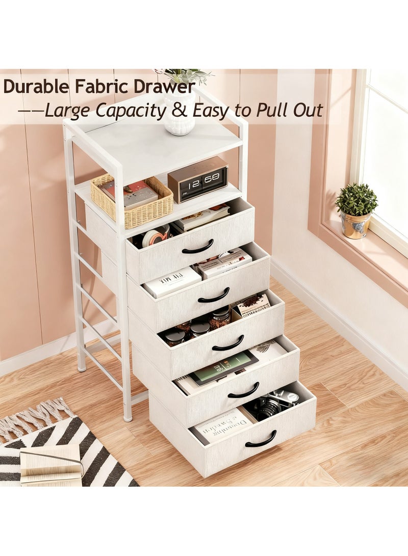 Chulovs White 5-Drawer Nightstand – Tall Bedroom Dresser, Closet Side Table & Nightstand with Fabric Storage Bins, Sturdy Metal Frame & Wooden Shelf - Image 5