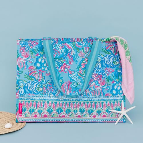 Lilly Pulitzer Blue/Green XL Market Shopper Bag, Oversize Reusable Grocery Tote with Comfortable Shoulder Straps, Aqua La Vista - Image 3