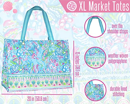 Lilly Pulitzer Blue/Green XL Market Shopper Bag, Oversize Reusable Grocery Tote with Comfortable Shoulder Straps, Aqua La Vista - Image 5