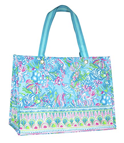Lilly Pulitzer Blue/Green XL Market Shopper Bag, Oversize Reusable Grocery Tote with Comfortable Shoulder Straps, Aqua La Vista - Image 1