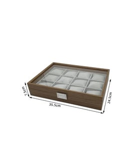 Generic Wooden Organizer Case for Jewelry Watches 12 Sections With Glass Lid, Padded Inside, 35cm x24cm x7.5cm-Brown  - Image 3