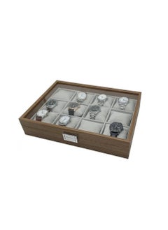 Generic Wooden Organizer Case for Jewelry Watches 12 Sections With Glass Lid, Padded Inside, 35cm x24cm x7.5cm-Brown  - Image 1