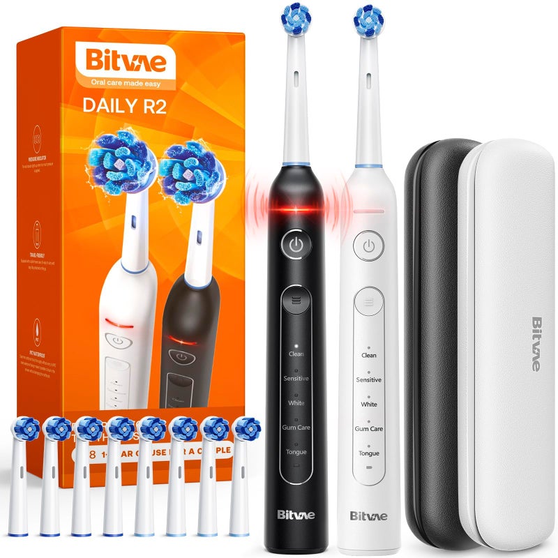 Bitvae Rotating Electric Toothbrush 2 Packs for Adults with Pressure Sensor Gifts for MenWomen 5 Modes Rechargeable Power Toothbrush with 8 Brush Heads Black White R2