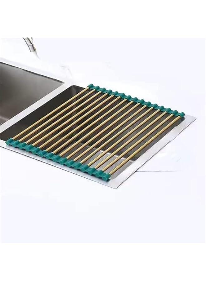 Roll Up Dish Drying Rack, Sink Drying Rack Over Sink Dish Drying Rack Stainless Steel Foldable Drain Rack for Kitchen Sink Counter Utensils Vegetables and Fruits (Green-gold short tube,15 tubes)  - Image 1