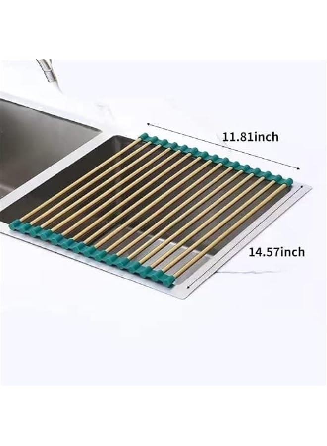 Roll Up Dish Drying Rack, Sink Drying Rack Over Sink Dish Drying Rack Stainless Steel Foldable Drain Rack for Kitchen Sink Counter Utensils Vegetables and Fruits (Green-gold short tube,15 tubes)  - Image 2