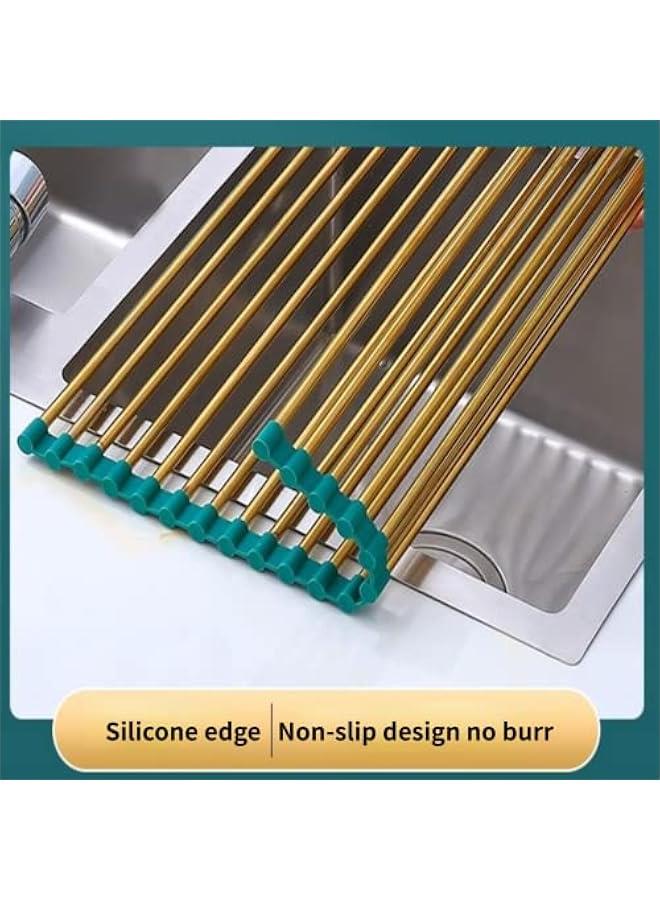 Roll Up Dish Drying Rack, Sink Drying Rack Over Sink Dish Drying Rack Stainless Steel Foldable Drain Rack for Kitchen Sink Counter Utensils Vegetables and Fruits (Green-gold short tube,15 tubes)  - Image 3