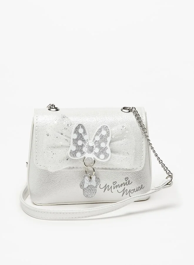 Disney Girls Minnie Mouse Print Crossbody Bag with Chain Strap and Bow Detail