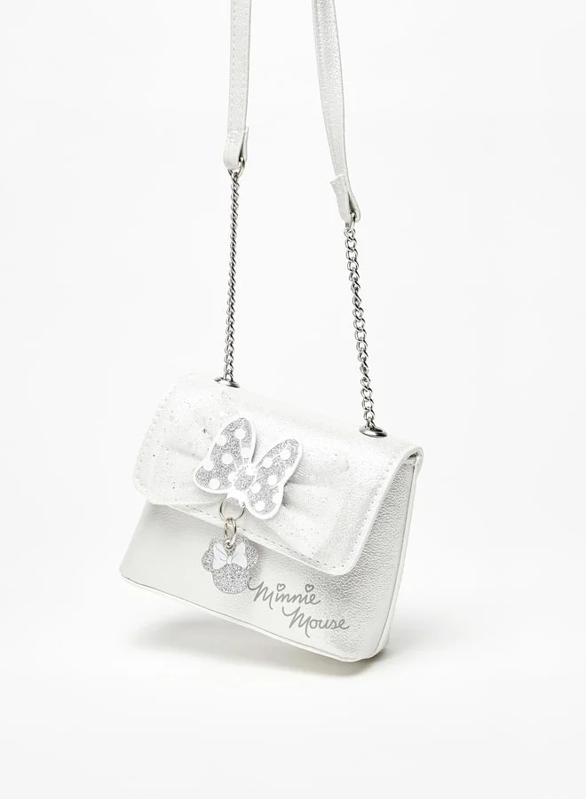 Disney Girls Minnie Mouse Print Crossbody Bag with Chain Strap and Bow Detail