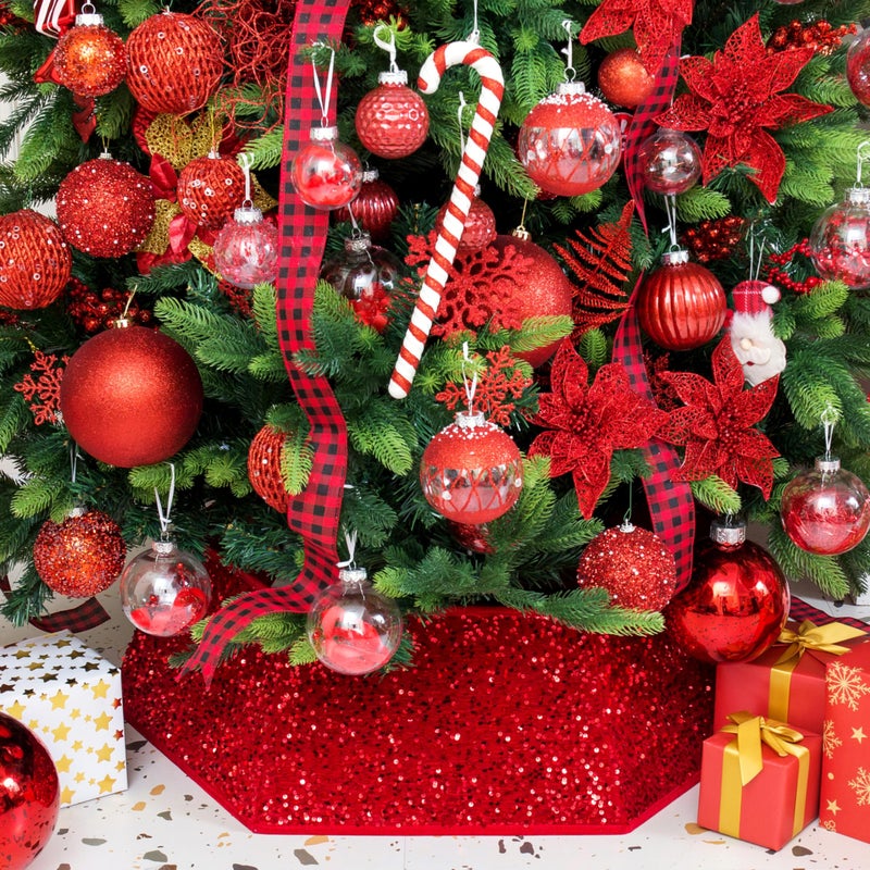 XmasExp Christmas Tree Collar 335 inch Sequin Tree Skirt Stand Base Cover for Home Decor Large Size 6 Piece Red - Image 3