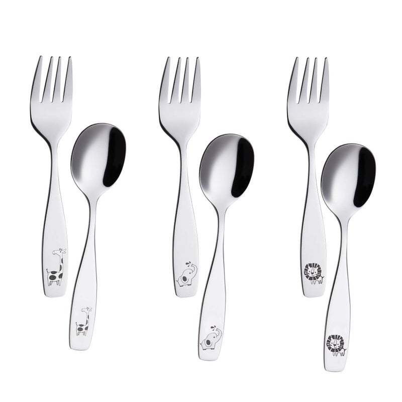 Annova ANNOVA Kids Silverware 6 Pieces Childrens Safe Flatware Set Stainless Steel  3 x Children Forks 3 x Dinner Spoon Toddler Utensils for Lunchbox Safari Animals Etched Elephant Giraffe Lion