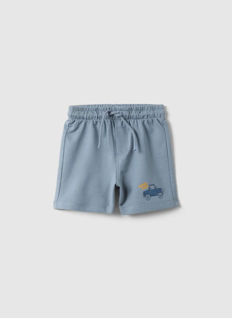 Ovs OVS Sky Blue Pure Cotton Shorts For Boys With Regular Fit And Car Design
