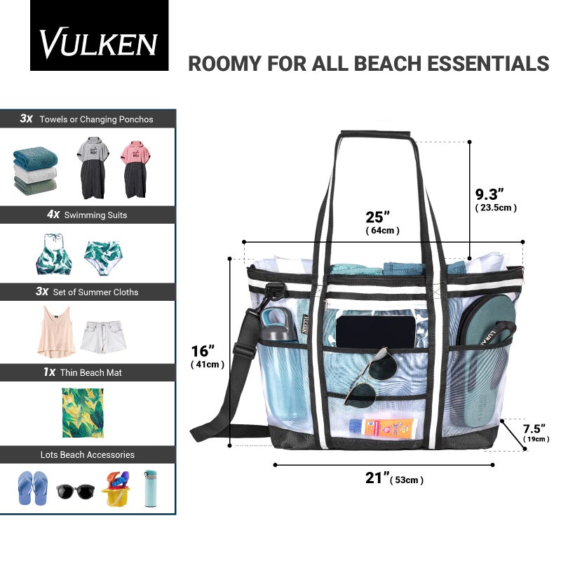 Vulken 42L Extra Large Mesh Beach Bag. 9 Pockets Top Zip Tote Bag Shoulder Bag. (Black&White) - Image 3