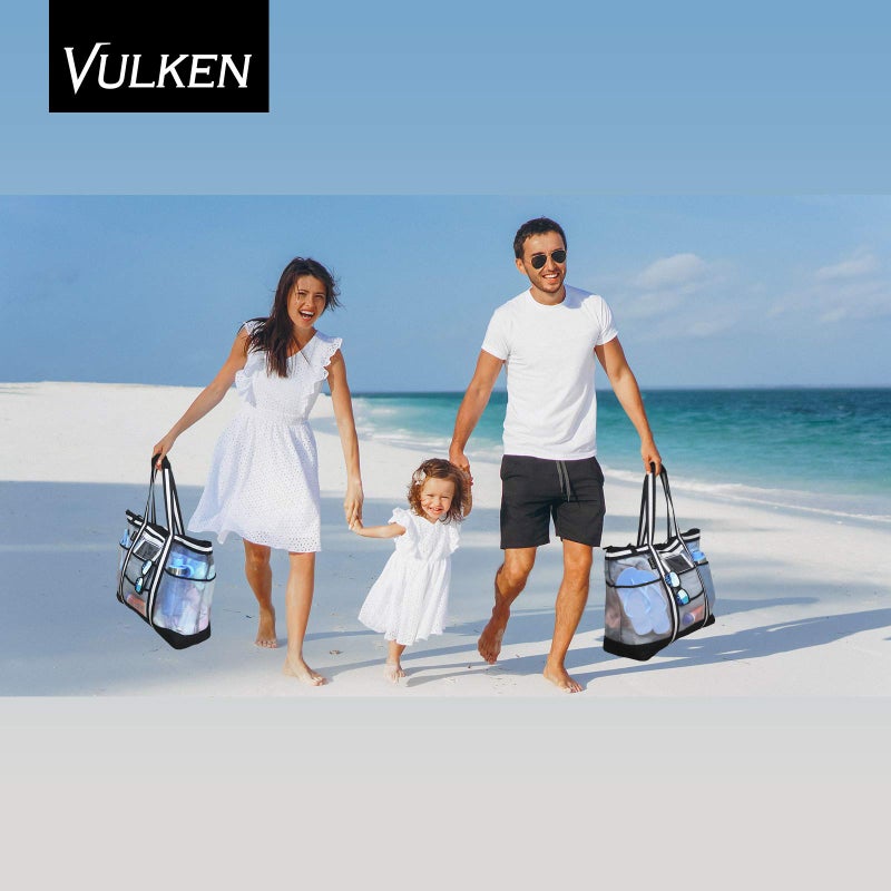 Vulken 42L Extra Large Mesh Beach Bag. 9 Pockets Top Zip Tote Bag Shoulder Bag. (Black&White) - Image 2