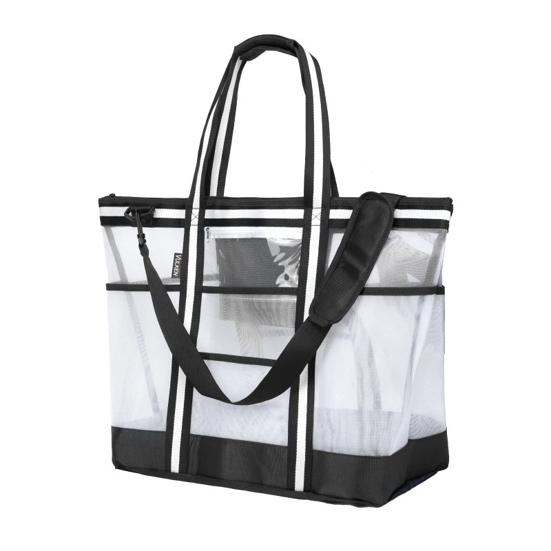 Vulken 42L Extra Large Mesh Beach Bag. 9 Pockets Top Zip Tote Bag Shoulder Bag. (Black&White) - Image 1