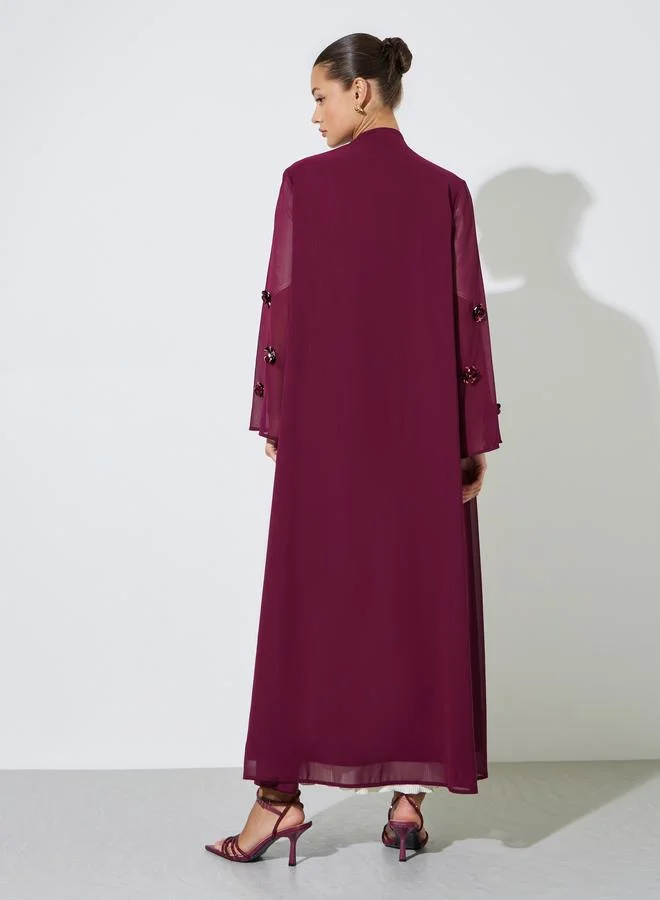 Amirah  Burgundy Solid Open Front Abaya with Floral Embellished Sleeves for Women | Best Price UAE