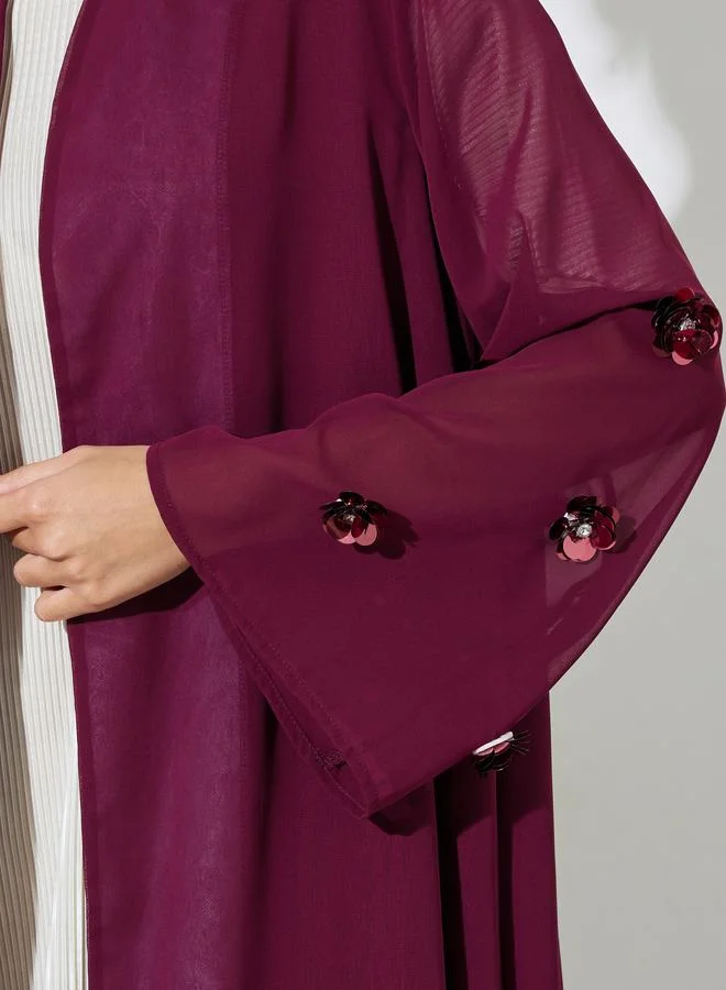 Amirah  Burgundy Solid Open Front Abaya with Floral Embellished Sleeves for Women | Best Price UAE