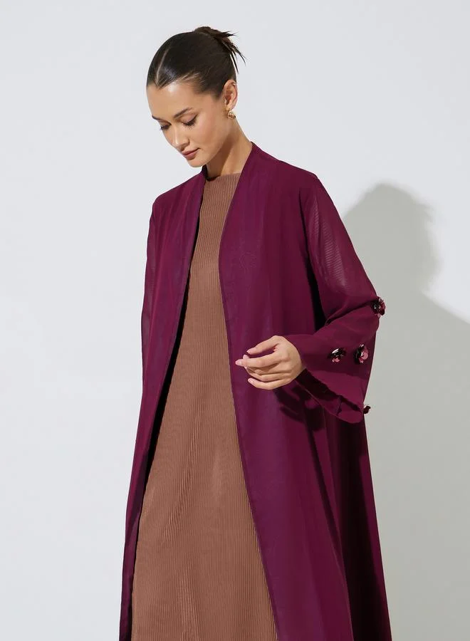 Amirah  Burgundy Solid Open Front Abaya with Floral Embellished Sleeves for Women | Best Price UAE