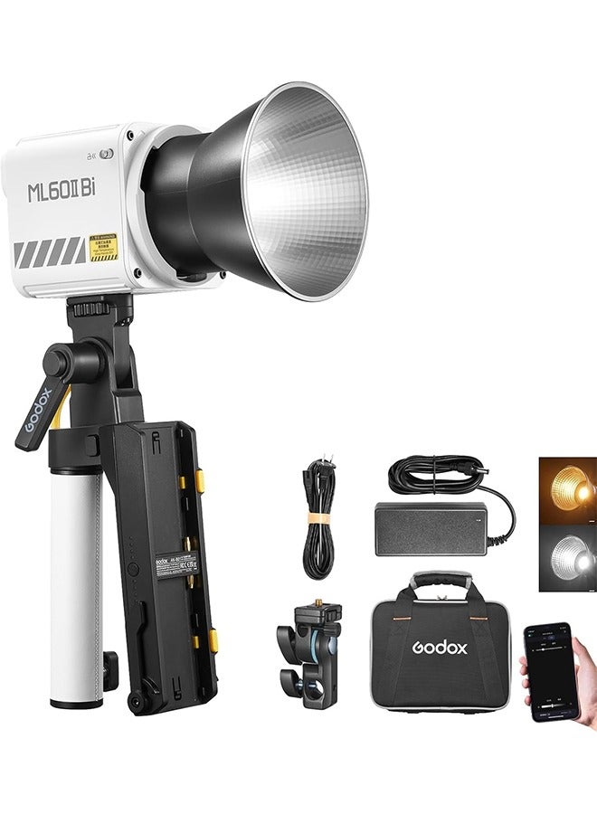جودوكس Godox ML60IIBi إضاءة فيديو LED ثنائية اللون، إضاءة COB محمولة 70 وات 2800K-6500K CRI 96+/TLCI 97+، 11 تأثيرات FX، تحكم في التطبيق، ضوء LED محمول فائق الهدوء مع قاعدة بطارية AK-B01 - Image 1