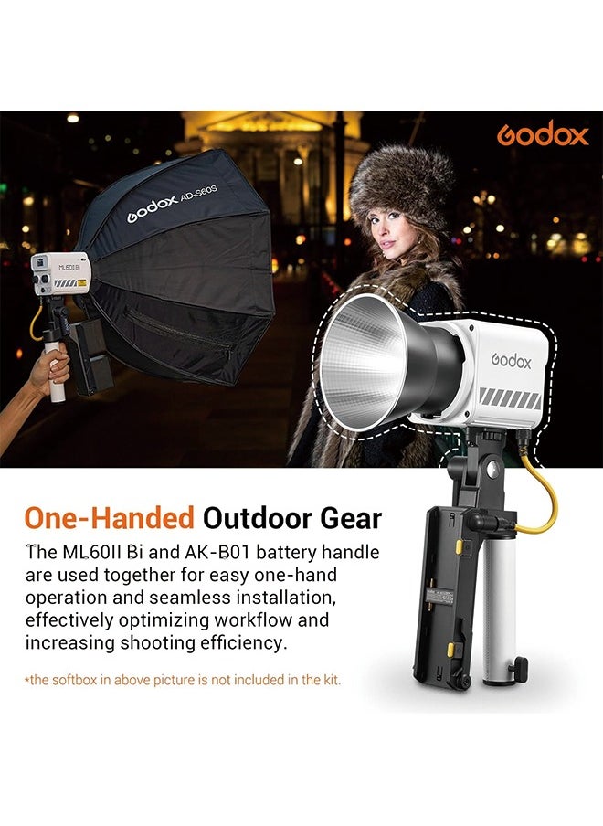 جودوكس - Godox ML60IIBi إضاءة فيديو LED ثنائية اللون، إضاءة COB محمولة 70 وات 2800K-6500K CRI 96+/TLCI 97+، 11 تأثيرات FX، تحكم في التطبيق، ضوء LED محمول فائق الهدوء مع قاعدة بطارية AK-B01 - Image 1