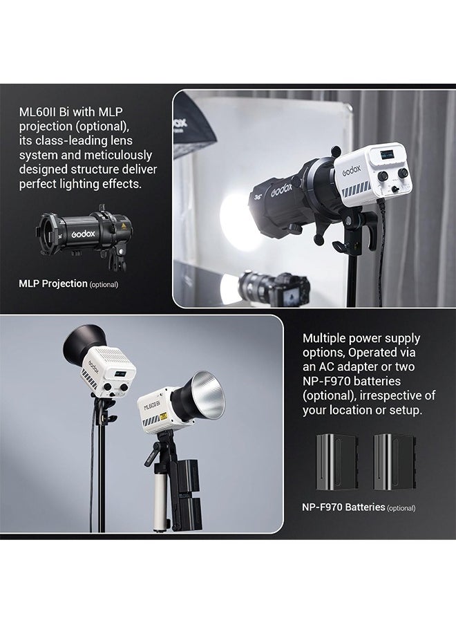 جودوكس - Godox ML60IIBi إضاءة فيديو LED ثنائية اللون، إضاءة COB محمولة 70 وات 2800K-6500K CRI 96+/TLCI 97+، 11 تأثيرات FX، تحكم في التطبيق، ضوء LED محمول فائق الهدوء مع قاعدة بطارية AK-B01 - Image 1