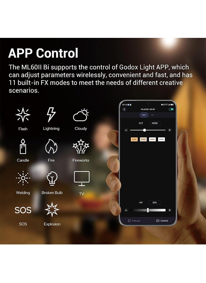 جودوكس - Godox ML60IIBi إضاءة فيديو LED ثنائية اللون، إضاءة COB محمولة 70 وات 2800K-6500K CRI 96+/TLCI 97+، 11 تأثيرات FX، تحكم في التطبيق، ضوء LED محمول فائق الهدوء مع قاعدة بطارية AK-B01 - Image 1