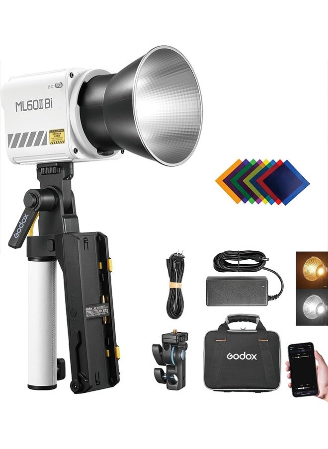 جودوكس - Godox ML60IIBi إضاءة فيديو LED ثنائية اللون، إضاءة COB محمولة 70 وات 2800K-6500K CRI 96+/TLCI 97+، 11 تأثيرات FX، تحكم في التطبيق، ضوء LED محمول فائق الهدوء مع قاعدة بطارية AK-B01 - Image 1
