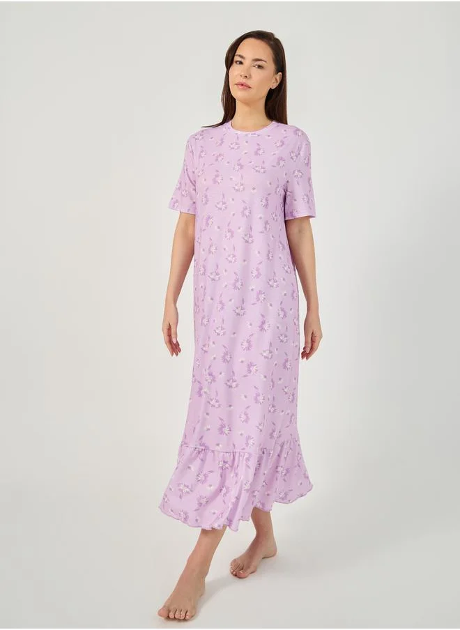 Styli All-Over Ditsy Floral Print Ruffle Hem Sleep T-Shirt Dress