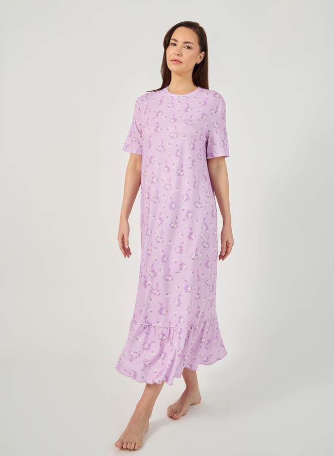 Styli All-Over Ditsy Floral Print Ruffle Hem Sleep T-Shirt Dress - Image 1