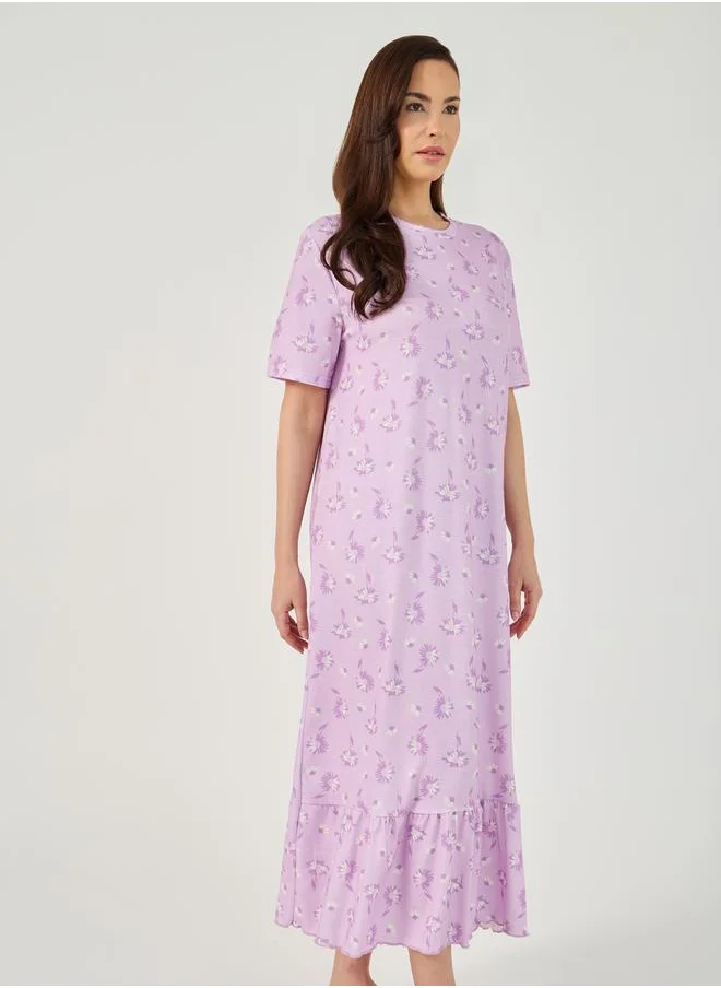 ستايلي All-Over Ditsy Floral Print Ruffle Hem Sleep T-Shirt Dress