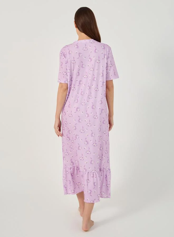 Styli All-Over Ditsy Floral Print Ruffle Hem Sleep T-Shirt Dress