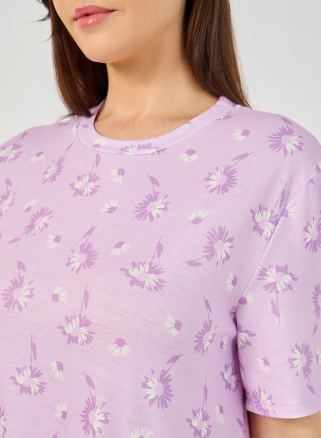 Styli All-Over Ditsy Floral Print Ruffle Hem Sleep T-Shirt Dress - Image 3