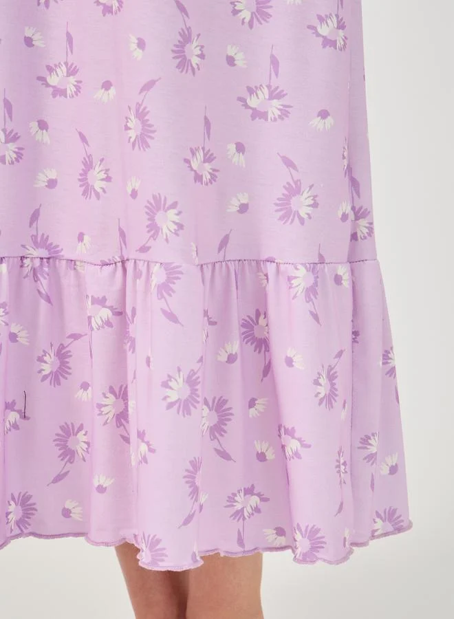 Styli All-Over Ditsy Floral Print Ruffle Hem Sleep T-Shirt Dress