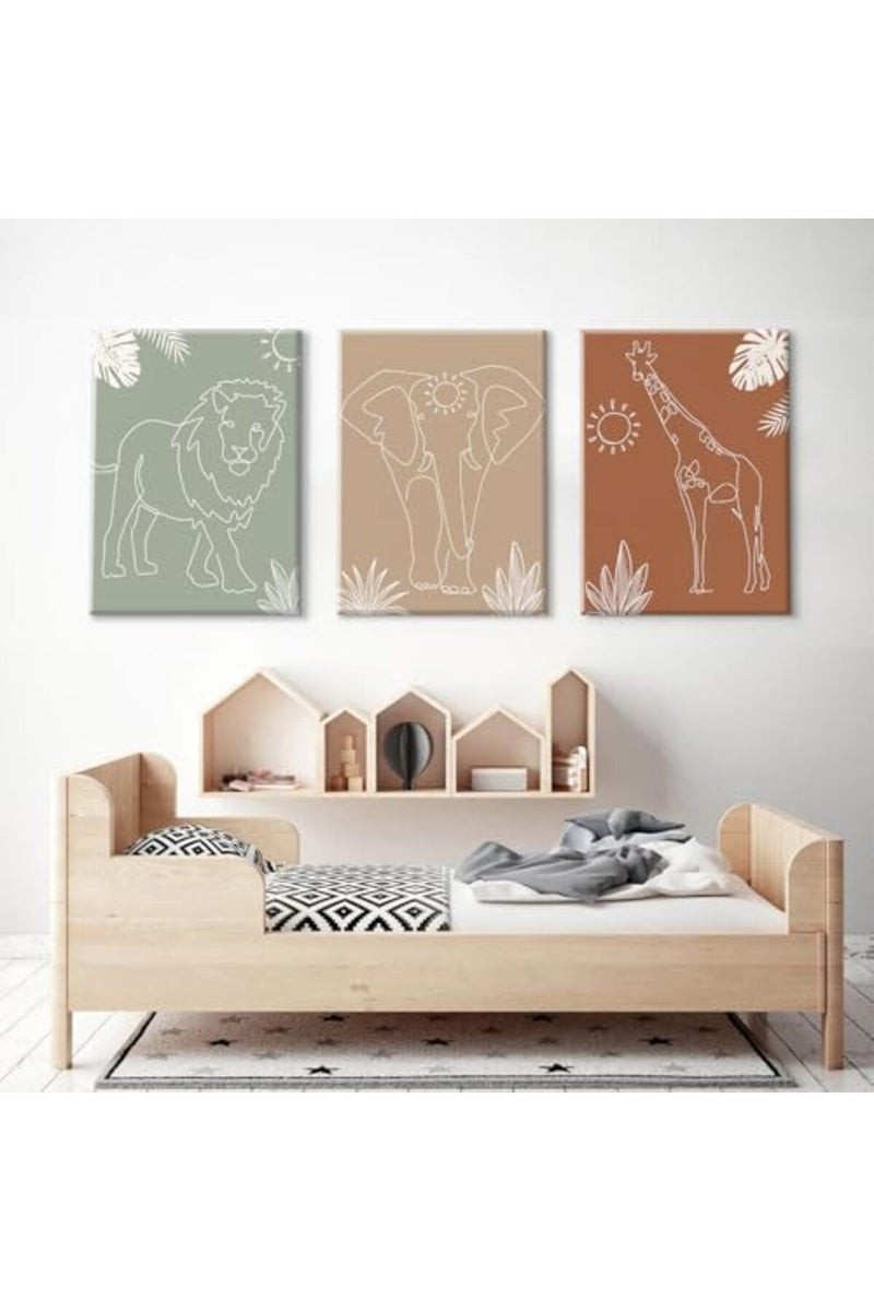 Youillne ALAYRA Safari Nursery Wall Art Pictures Baby Animal Canvas Wall Decor Boho Jungle Wall Art Kids Minimalist Poster Elephant Giraffe Lion Prints Nursery Safari Artwork for Bedroom 12x16 Wrapped Canvas Set of 3 - Image 5