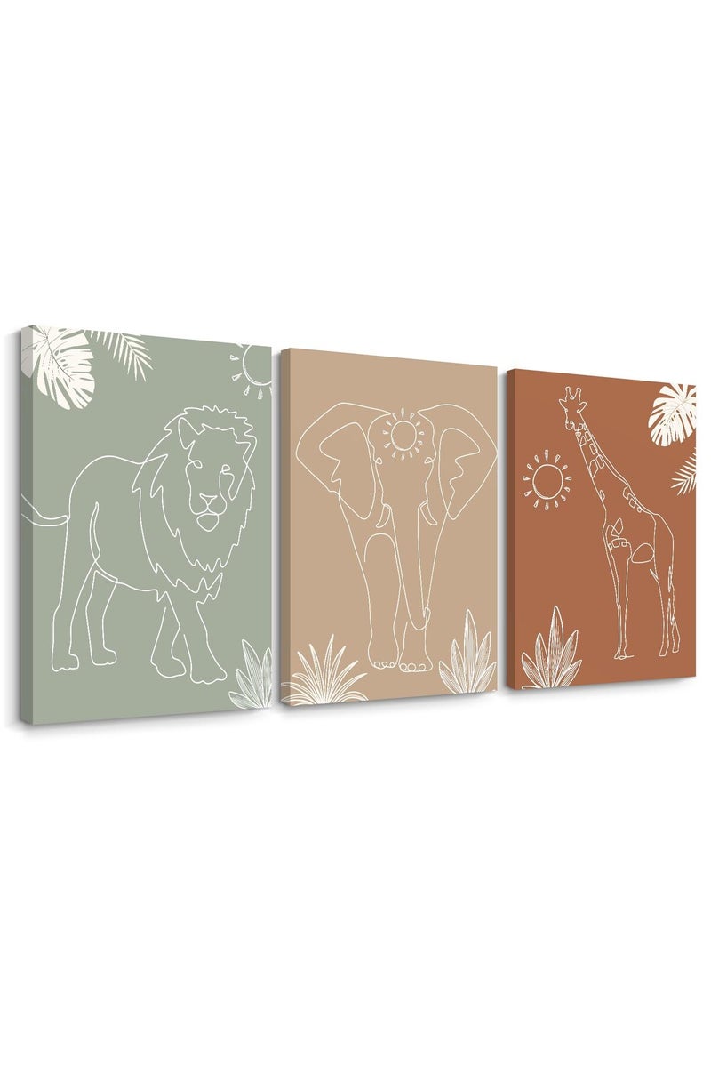 Youillne ALAYRA Safari Nursery Wall Art Pictures Baby Animal Canvas Wall Decor Boho Jungle Wall Art Kids Minimalist Poster Elephant Giraffe Lion Prints Nursery Safari Artwork for Bedroom 12x16 Wrapped Canvas Set of 3 - Image 1