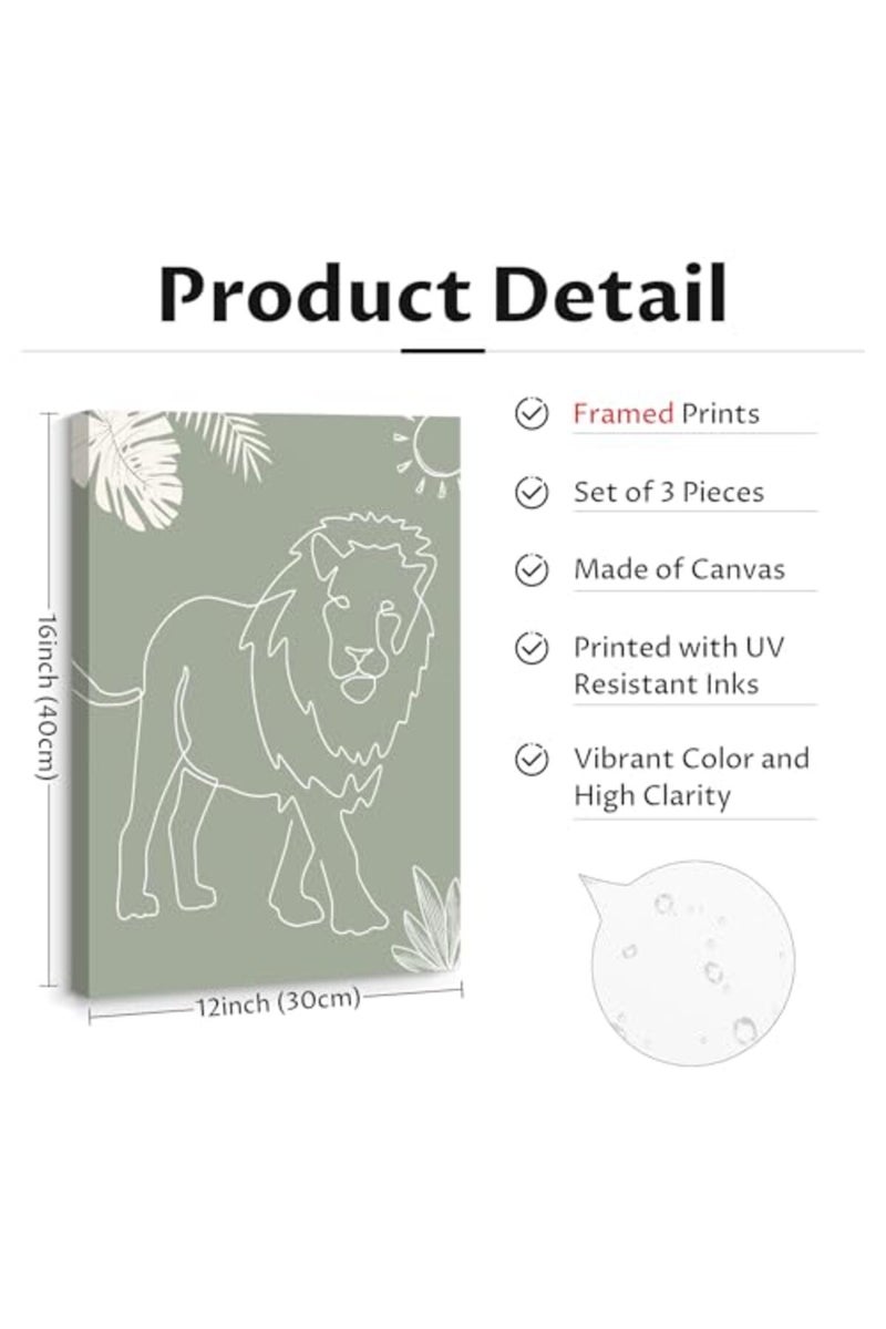 Youillne ALAYRA Safari Nursery Wall Art Pictures Baby Animal Canvas Wall Decor Boho Jungle Wall Art Kids Minimalist Poster Elephant Giraffe Lion Prints Nursery Safari Artwork for Bedroom 12x16 Wrapped Canvas Set of 3 - Image 2