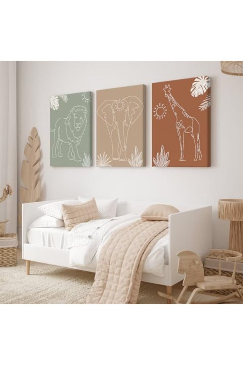 Youillne ALAYRA Safari Nursery Wall Art Pictures Baby Animal Canvas Wall Decor Boho Jungle Wall Art Kids Minimalist Poster Elephant Giraffe Lion Prints Nursery Safari Artwork for Bedroom 12x16 Wrapped Canvas Set of 3 - Image 4